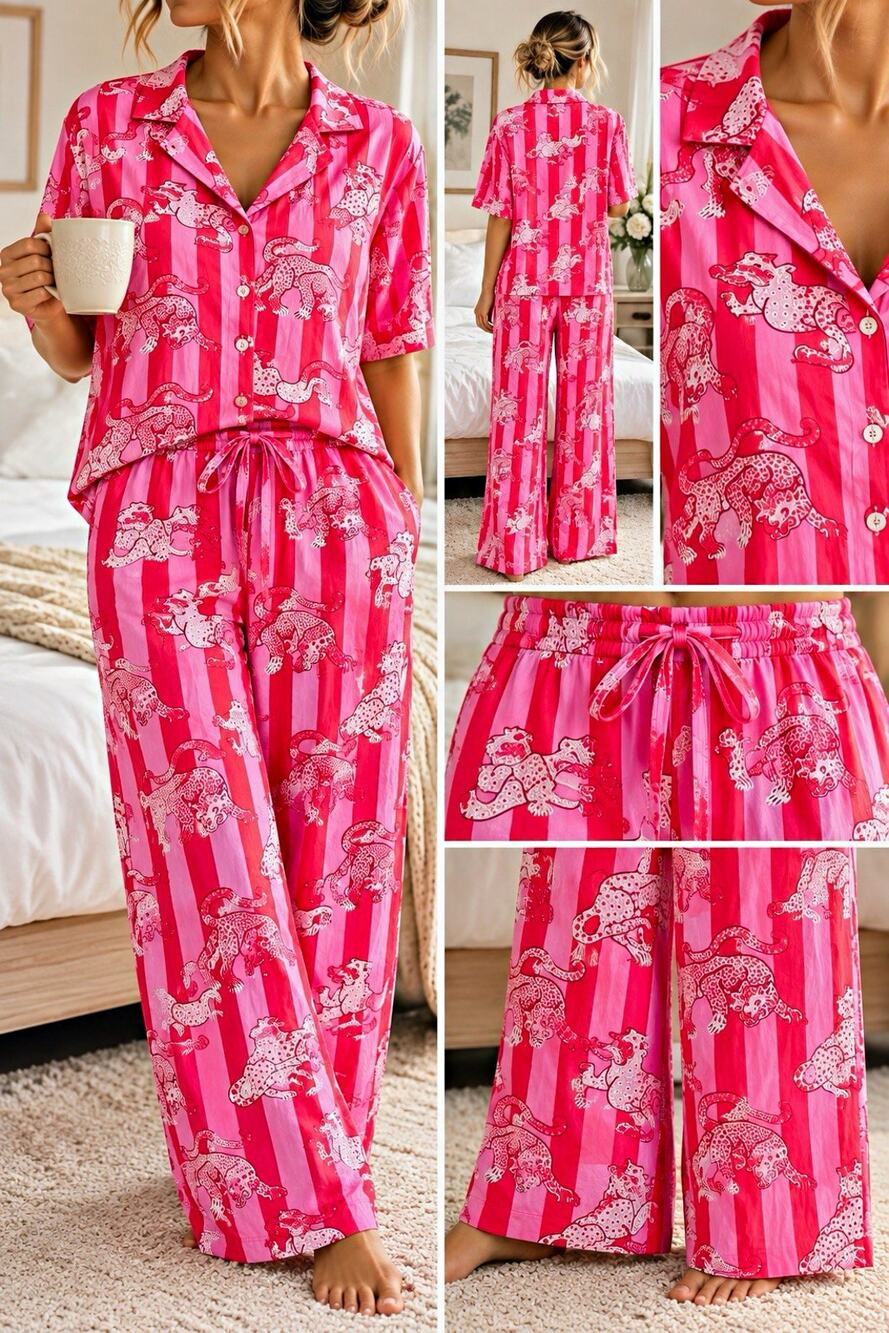 Printfresh Womens XL Pink/Red Striped Leopard Button-Up Viscose Pajama Set